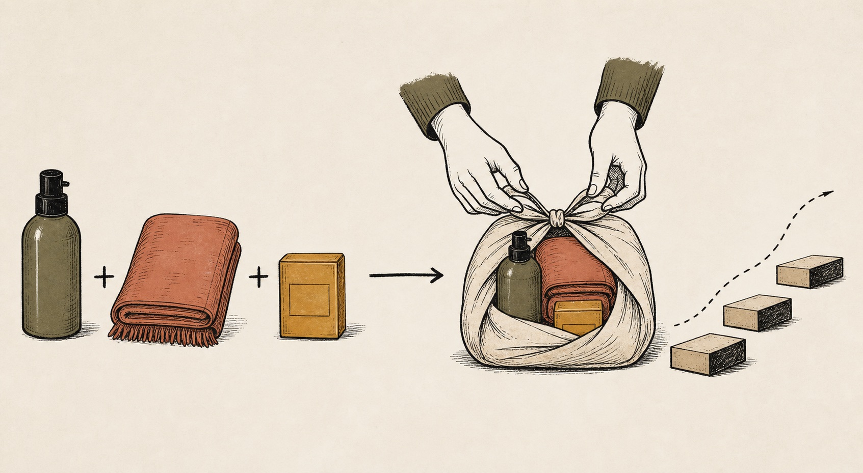 Three separate products being assembled into one useful bundle