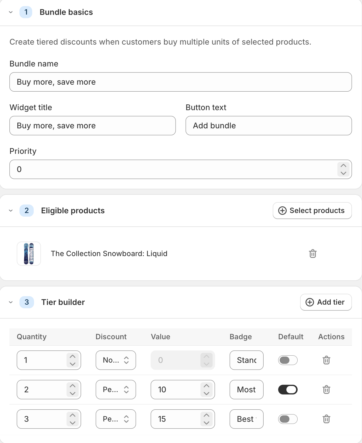 Kitforge Bundles quantity-break builder showing tiered discounts.